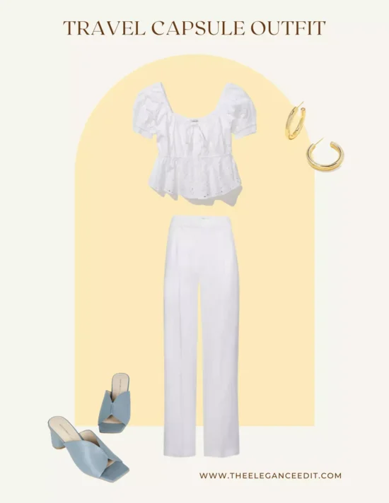 All White Travel Outfit with trousers and mules