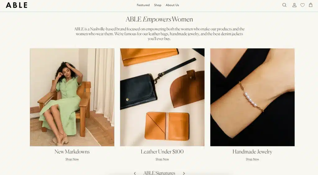able sustainable clothing brand products including leather wallets, handmade jewelry, and dresses
