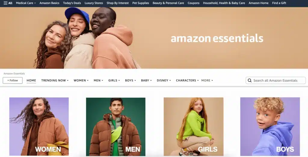 Amazon Essentials alternative to zara showing clothing for men women and kids