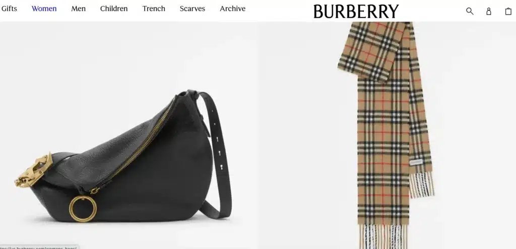Burberry scarf and purse on the homepage of Burberry website