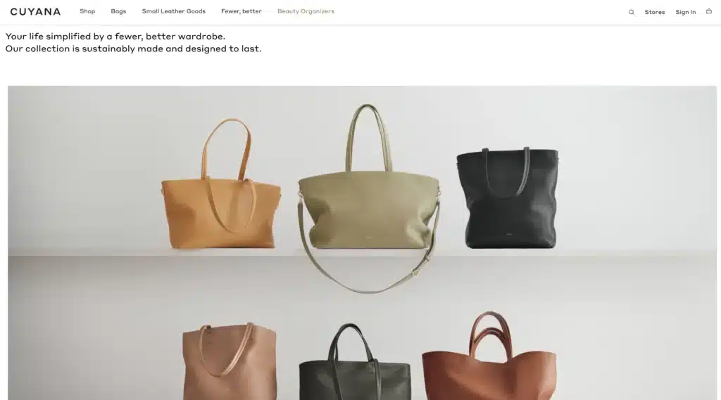 Cuyana sustainable fashion retailer homepage featuring leather purses