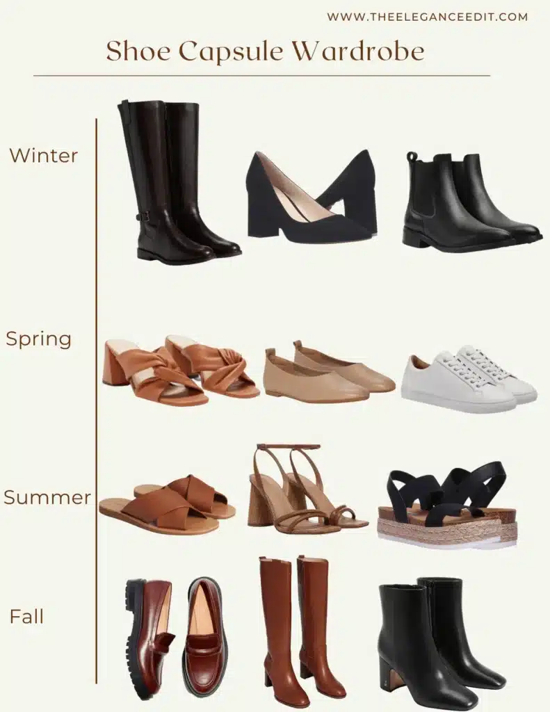 Capsule wardrobe shoes for winter, spring, summer and fall