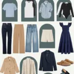 Casual Capsule Wardrobe showing jeans, shorts, t-shirts, tank tops, a blazer, and shoes in a neutral color palette.