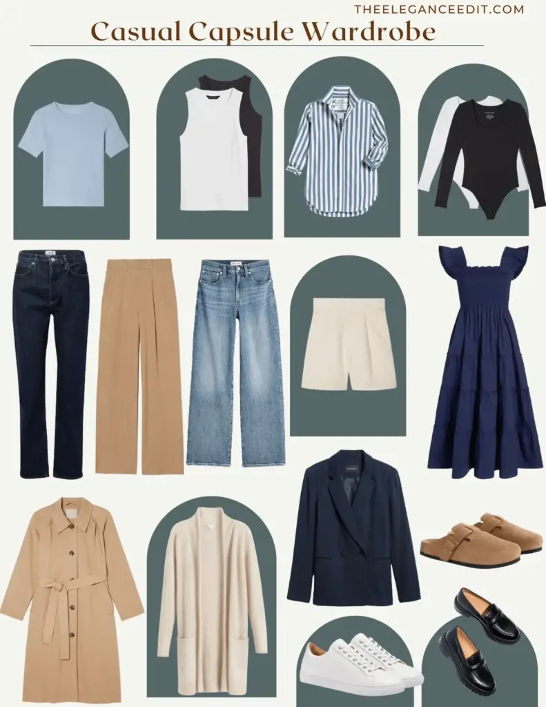 Casual Capsule Wardrobe showing jeans, shorts, t-shirts, tank tops, a blazer, and shoes in a neutral color palette.