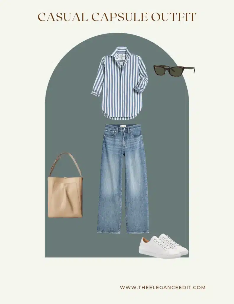 Causal Summer Capsule Wardrobe Outfit with Striped Button Down Shirt and Jeans
