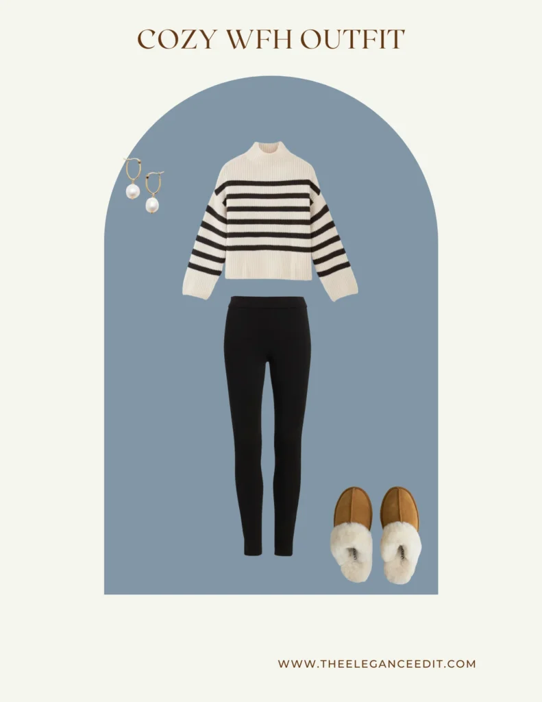 cozy work from home outfit with leggings, striped sweater, and slippers
