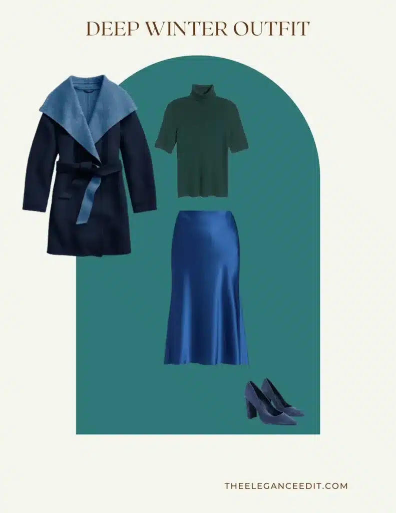 Deep Winter Date Outfit with sapphire skirt and hunter green mock neck top