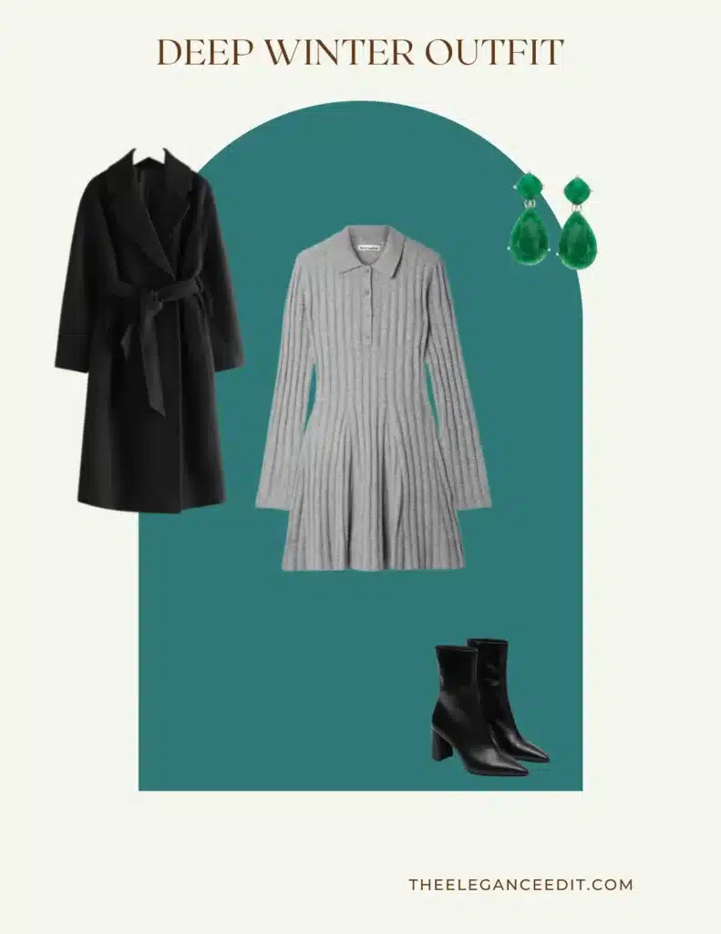 Deep Winter Dressy Outfit with charcoal grey dress and black coat with emerald earrings