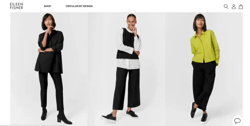 Eileen Fischer minimalist women's staples including silk shirts and wide leg trousers