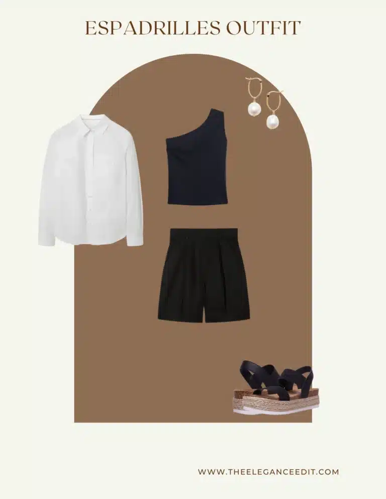 Woven Espadrilles Outfit with black linen shorts and button down top