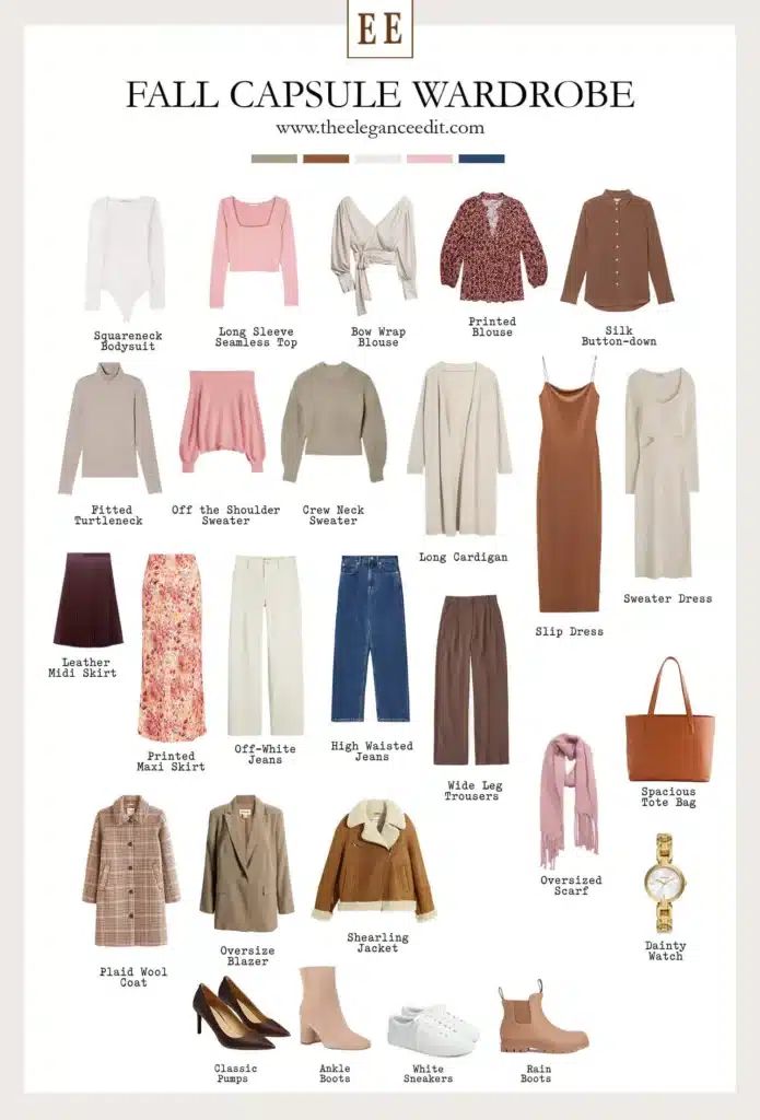 Fall Capsule Wardrobe graphic featuring tops, bottoms and accessories