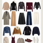 Elegant fall capsule wardrobe with tops, sweaters, boots, and trench coat.