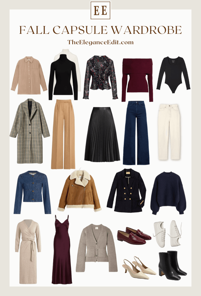 Elegant fall capsule wardrobe with tops, sweaters, boots, and trench coat.