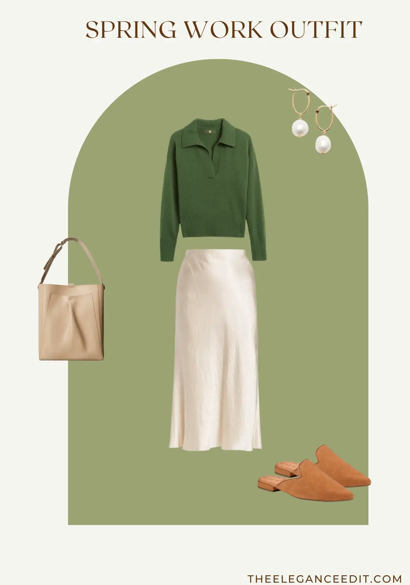 Feminine Spring Office Outfit with silk skirt and polo sweater