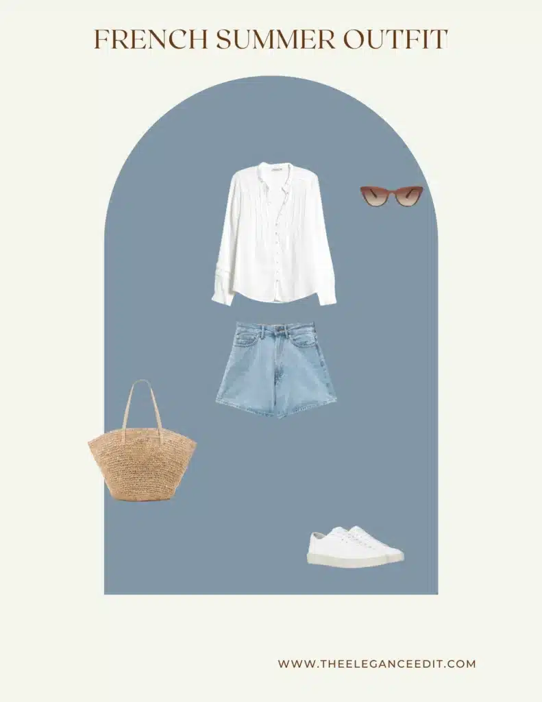 French Capsule Summer Outfit Denim shorts and white blouse