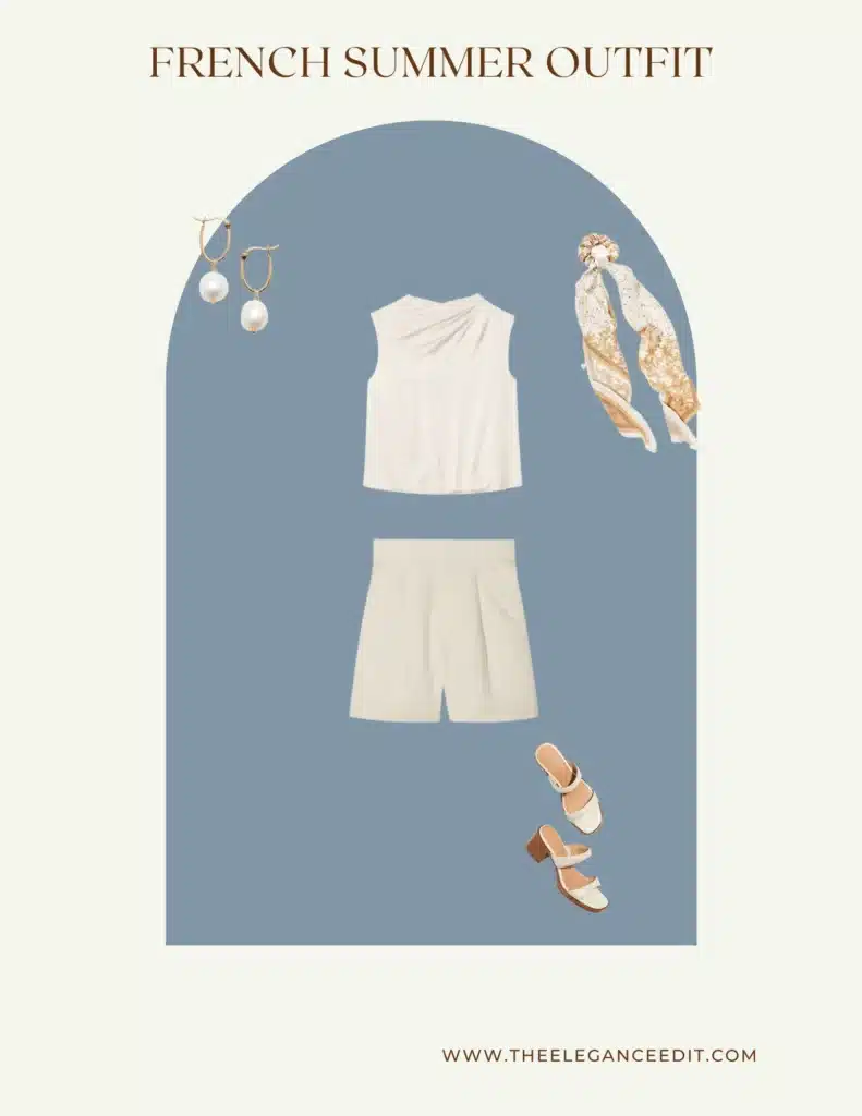 French Capsule Wardrobe Summer Outfit with silk blouse and linen shorts