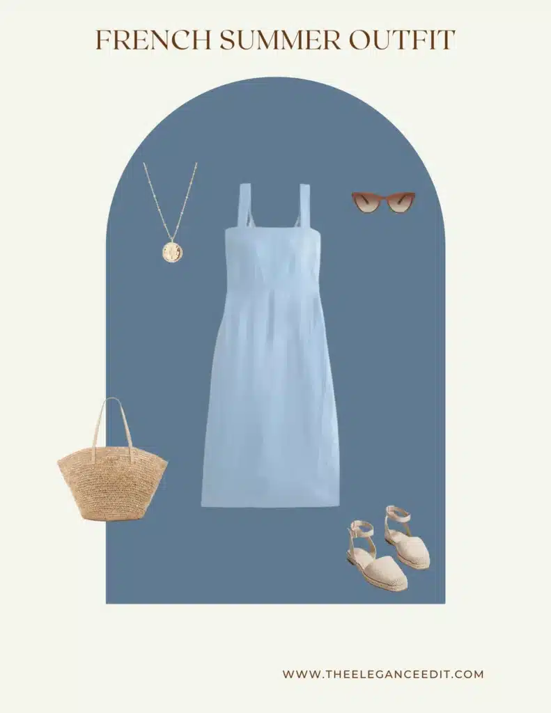 French Summer Outfit Idea with linen dress and straw bag