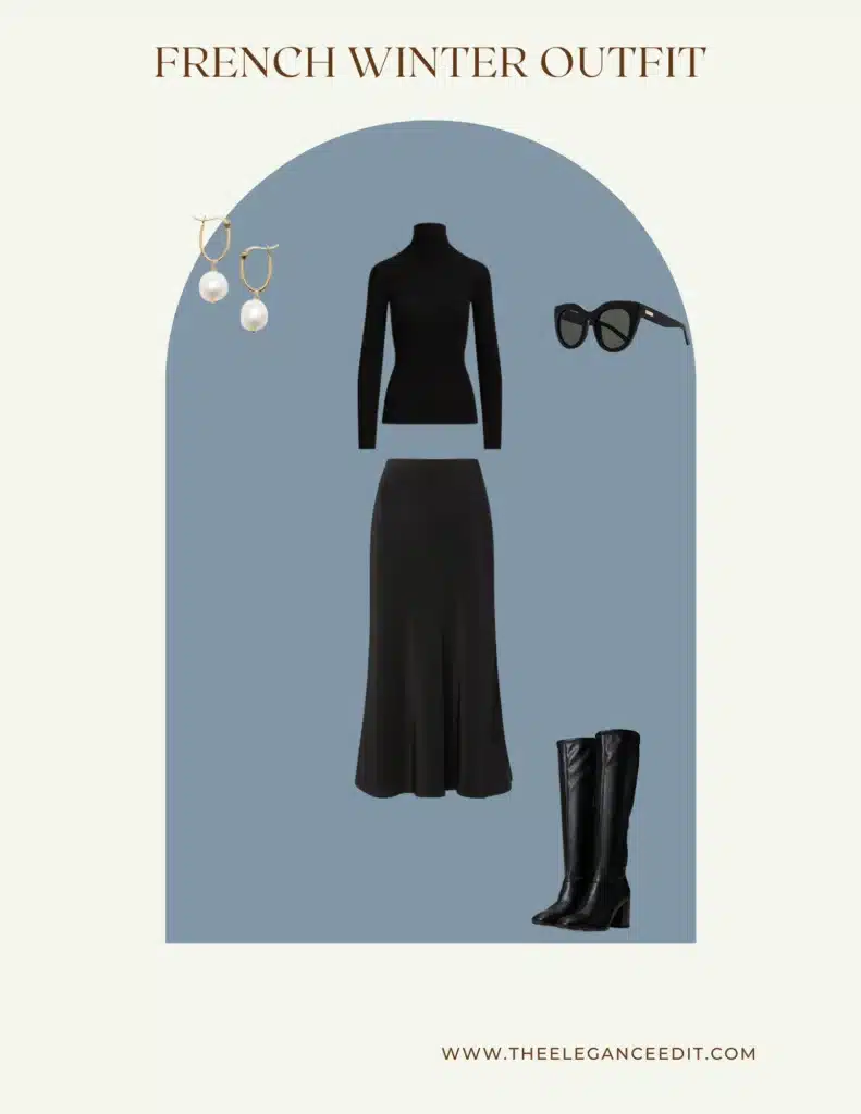 French Winter Capsule Wardrobe Outfit with Black Turtleneck and Boots