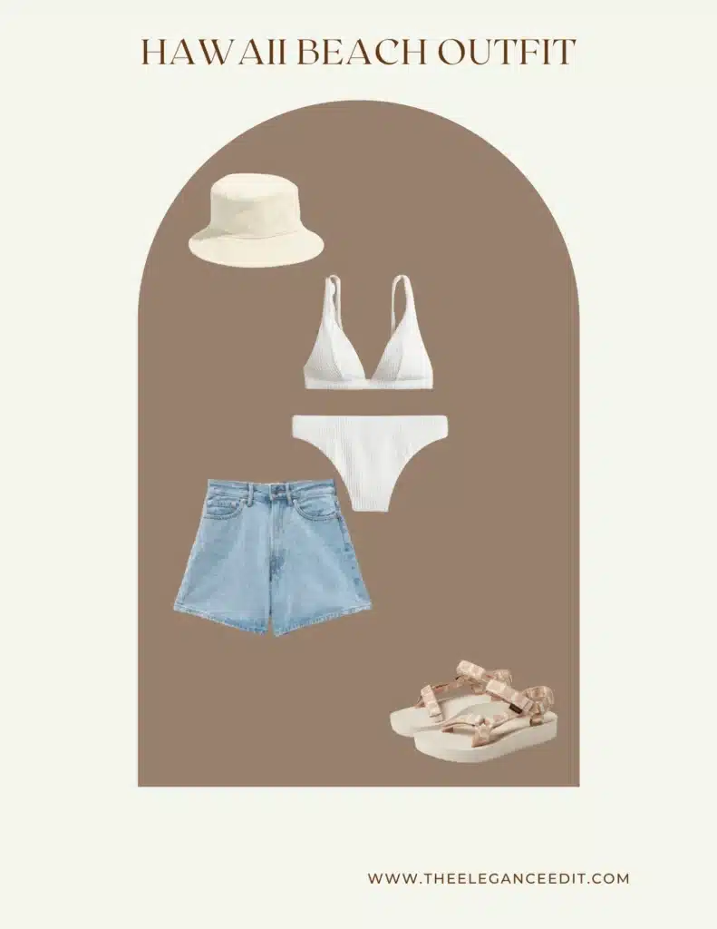 Hawaii Capsule Wardrobe outfit beach hat, sandals, and bikini