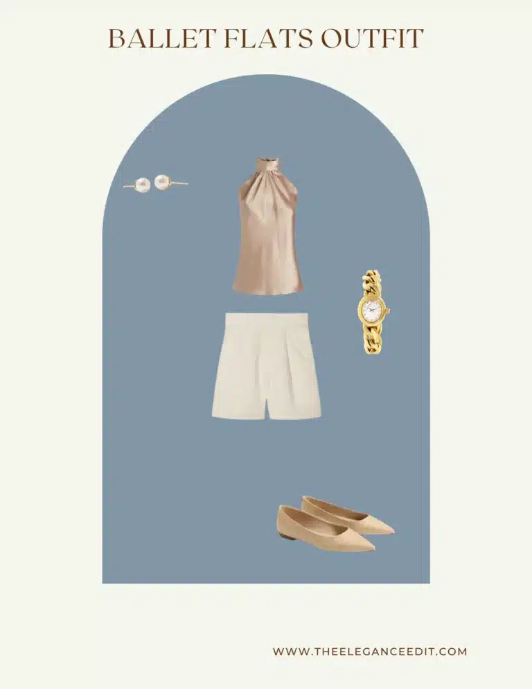 ballet flats capsule wardrobe shoes outfit with linen shorts and silk blouse
