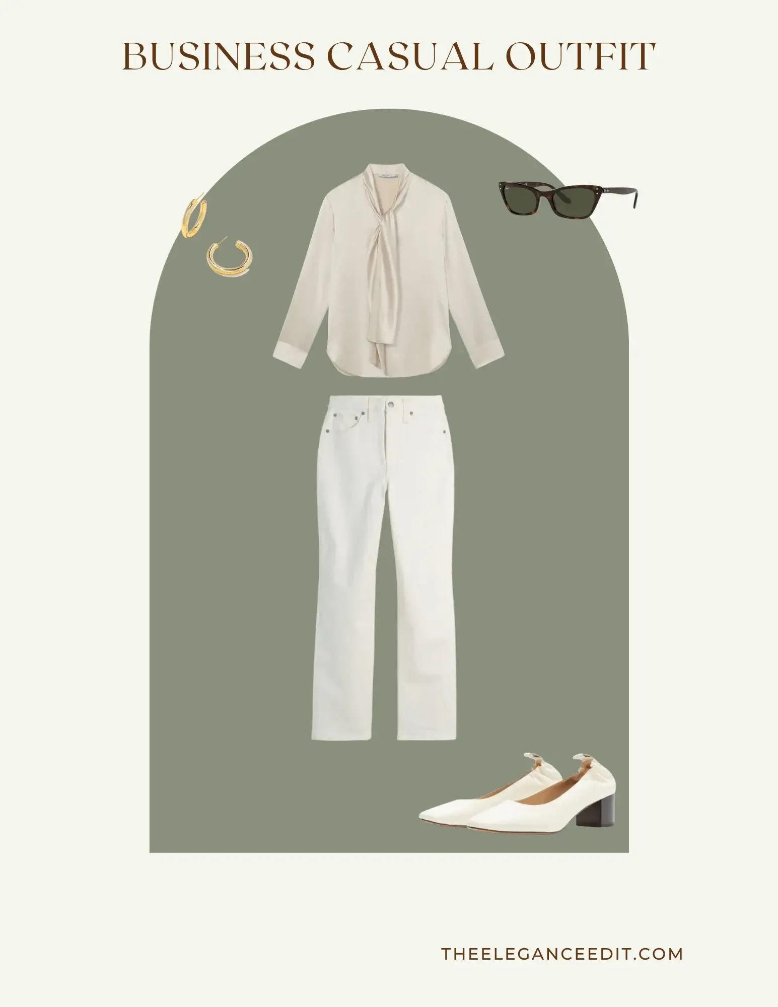 Silk blouse with white jeans and block heels business casual capsule wardrobe outfit
