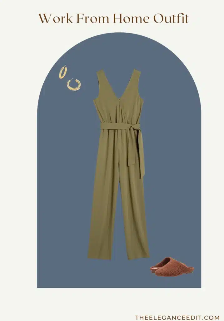 Jumpsuit wfh outfit with gold hoops