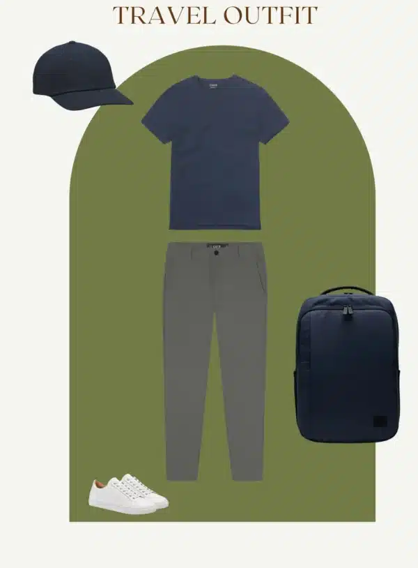 Men's Travel Outfit with performance joggers and baseball cap