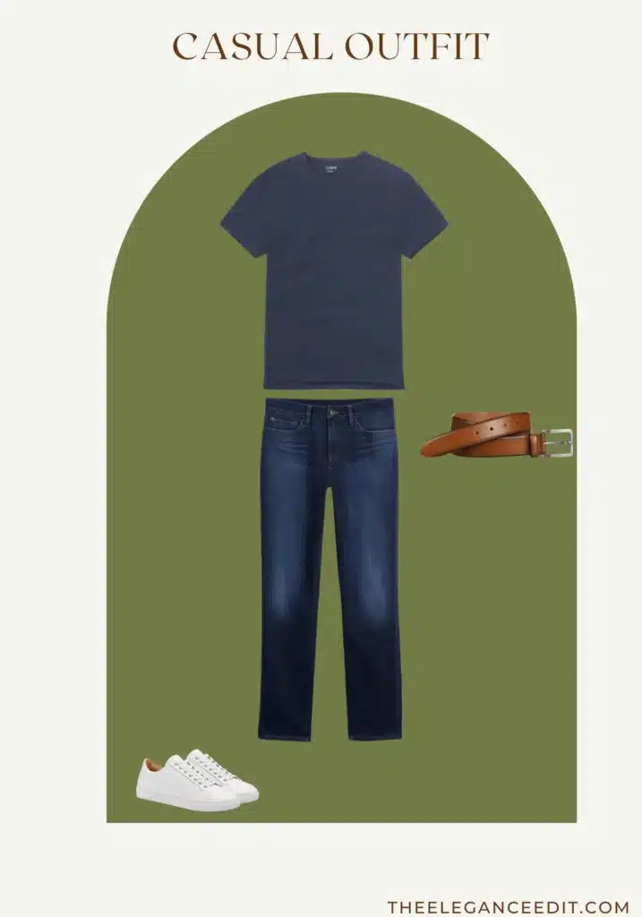 Men's casual weekend outfit t-shirt jeans and belt