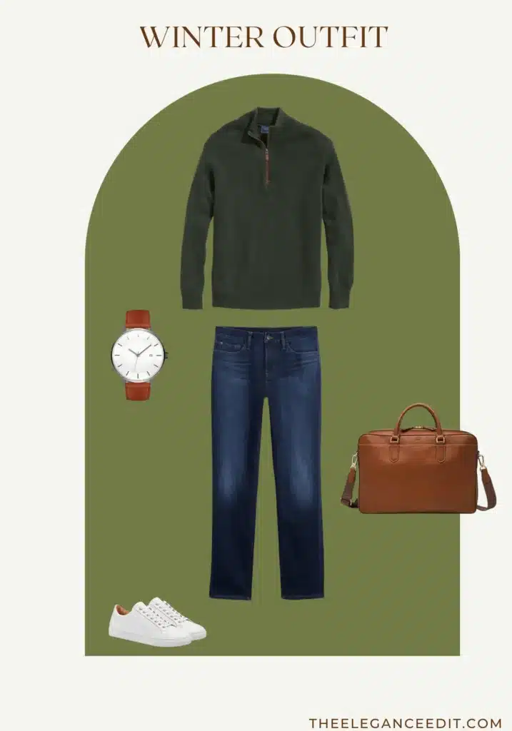 Men's winter outfit with quarter zip and jeans