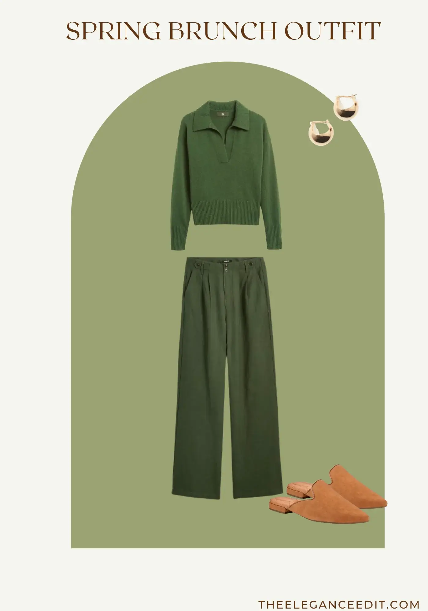 Monochrome Spring Brunch Outfit with green trousers and green polo sweater