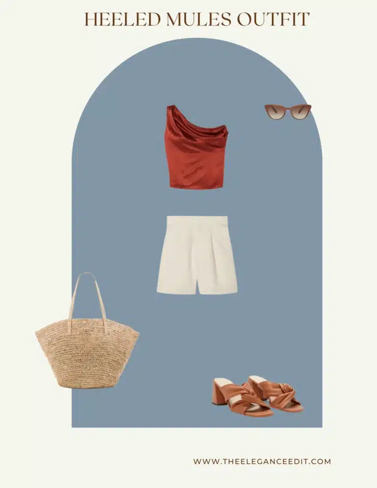 heeled mules outfit with silk top and straw bag for spring
