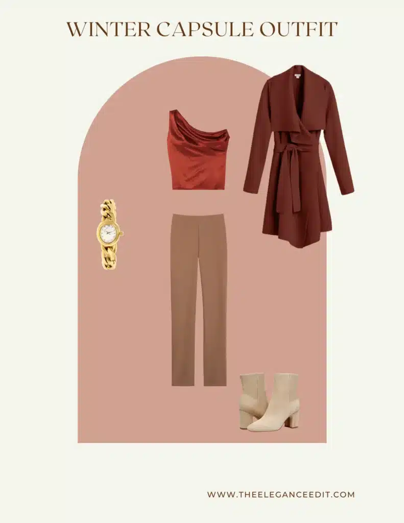 Vibrant winter office outfit with silk rust top and suede brown pants