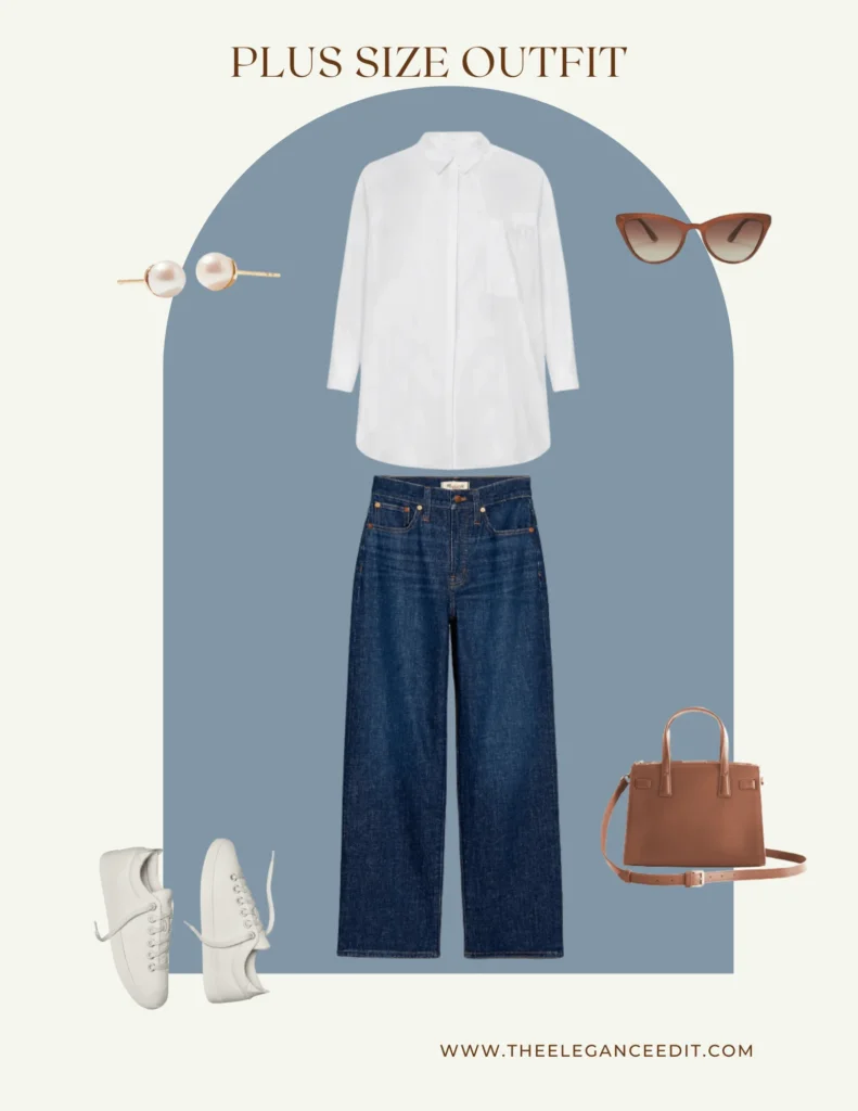 plus size capsule wardrobe outfit idea with oxford shirt and high rise jeans
