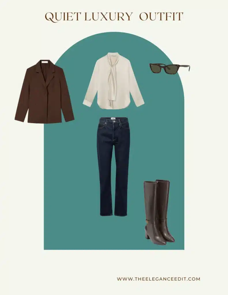 QUIET LUXURY OUTFIT CASUAL with tall boots and silk blouse