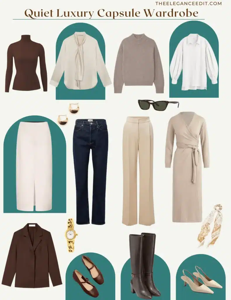 Neutral Quiet Luxury Capsule Wardrobe showcasing blouses, pants and shoes