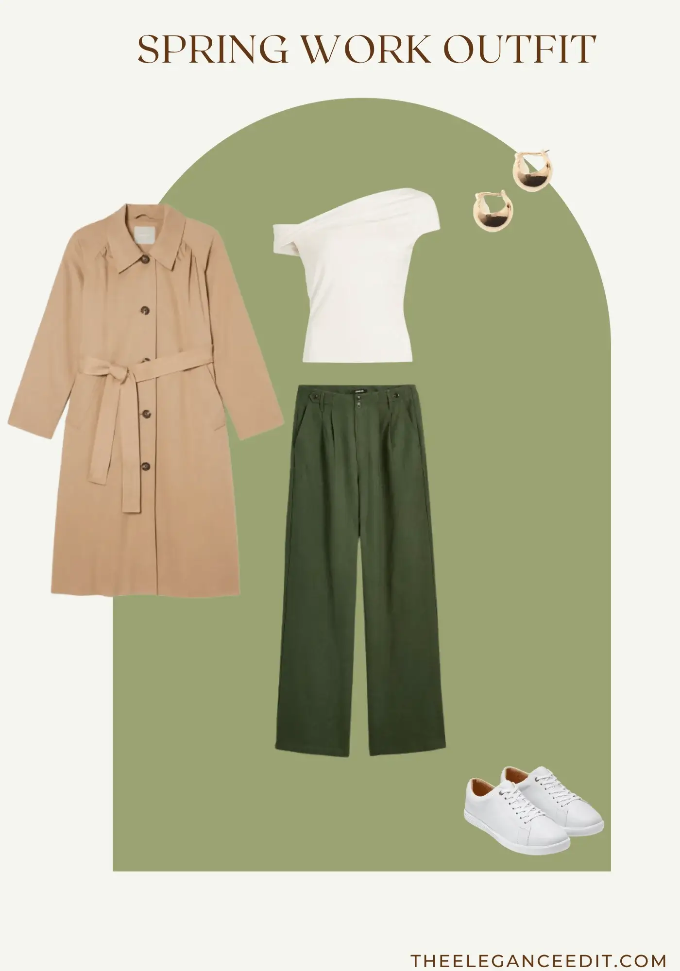 Spring Office outfit with trousers, trench coat, and sneakers