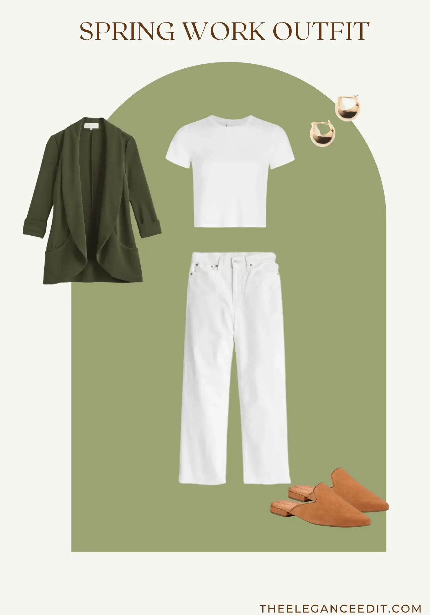 Spring Work Outfit with white t-shirt and white jeans and olive blazer
