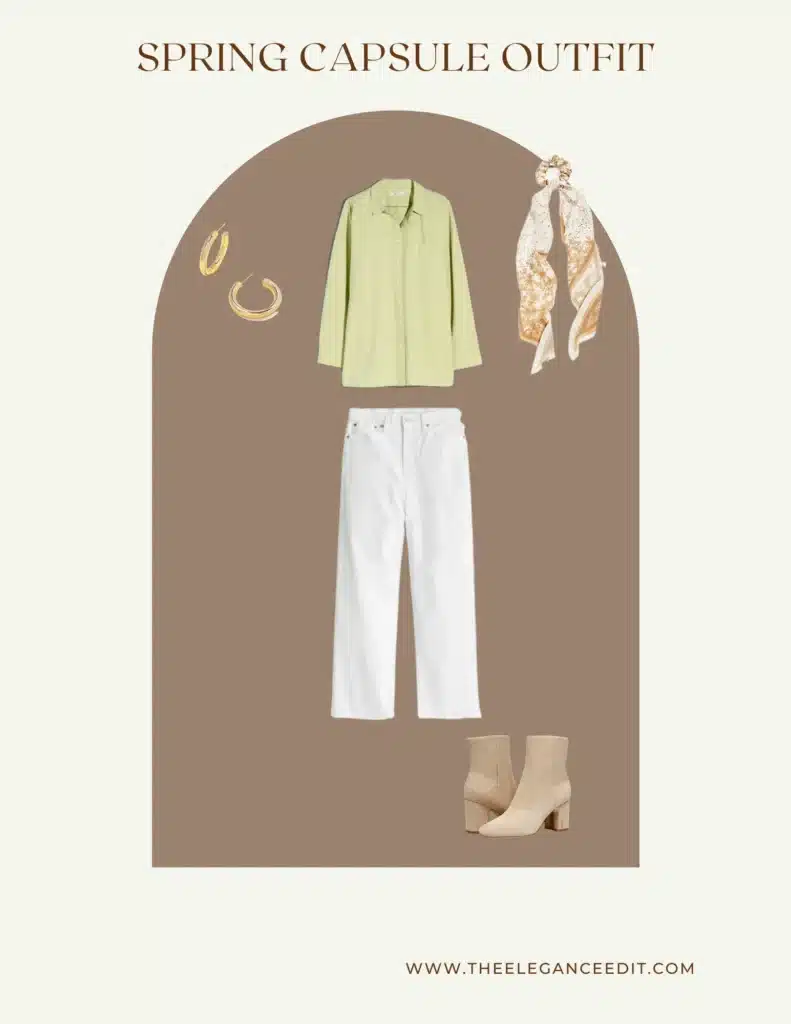 colorful spring outfit idea with white jeans, patterned hair scarf, and green shirt