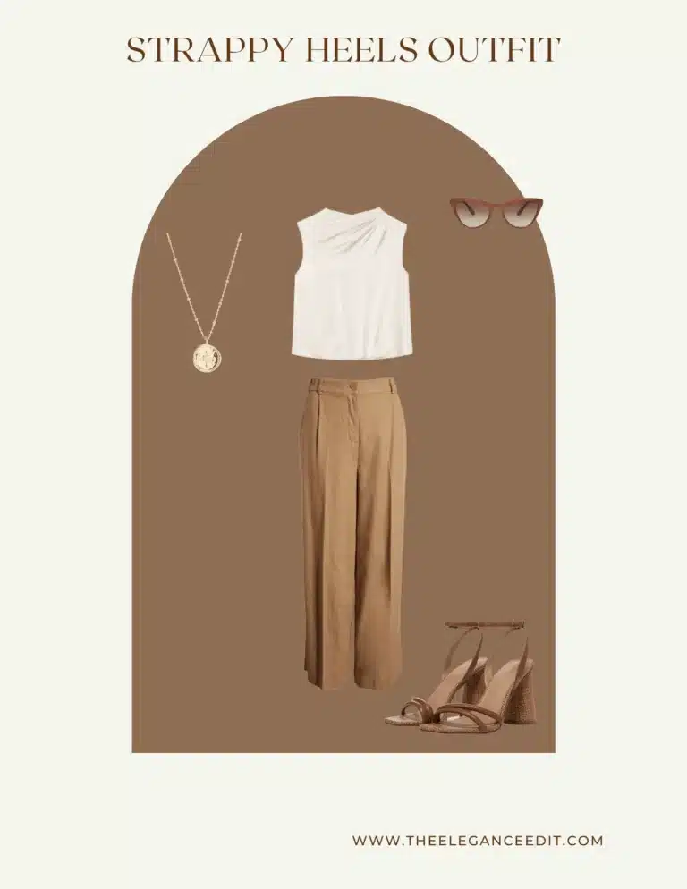 Outfit with strappy heels capsule wardrobe shoes and brown trousers