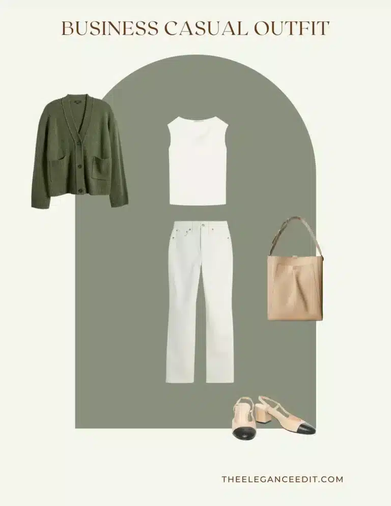 Summer Business Casual Capsule Wardrobe Outfit with white jeans and cowl neck top