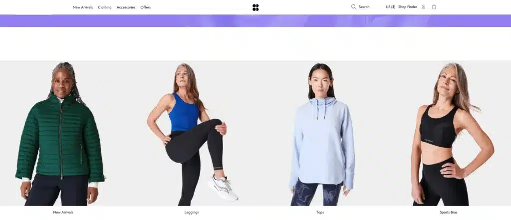 Sweaty Betty homepage featuring leggings, sports bras, and tops