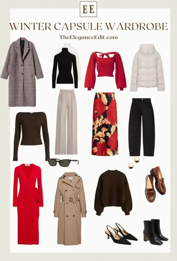 Winter Capsule Wardrobe 2025 Minimalist with sweater dress, tops, coats, and shoes