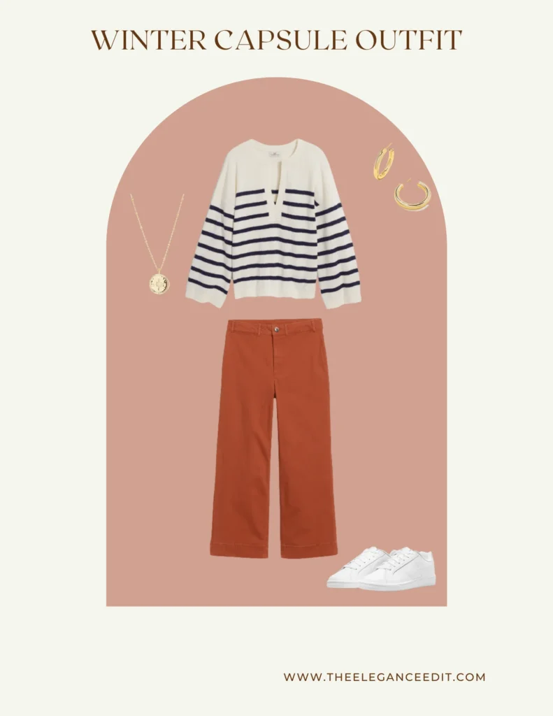 casual winter ensemble with rust colored pants and striped shirt