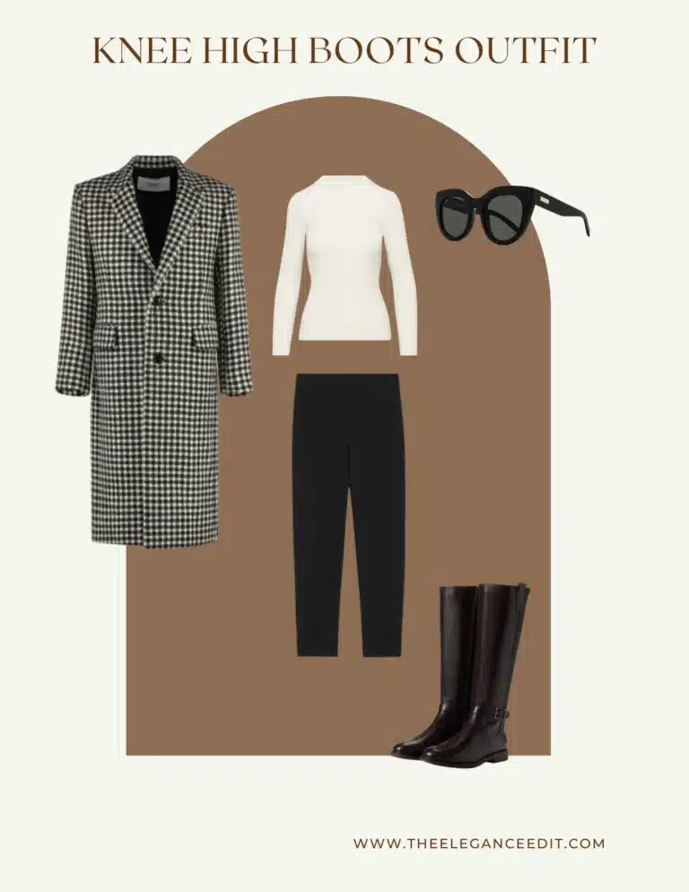 knee high boots shoe capsule wardrobe outfit with turtleneck and houndstooth coat