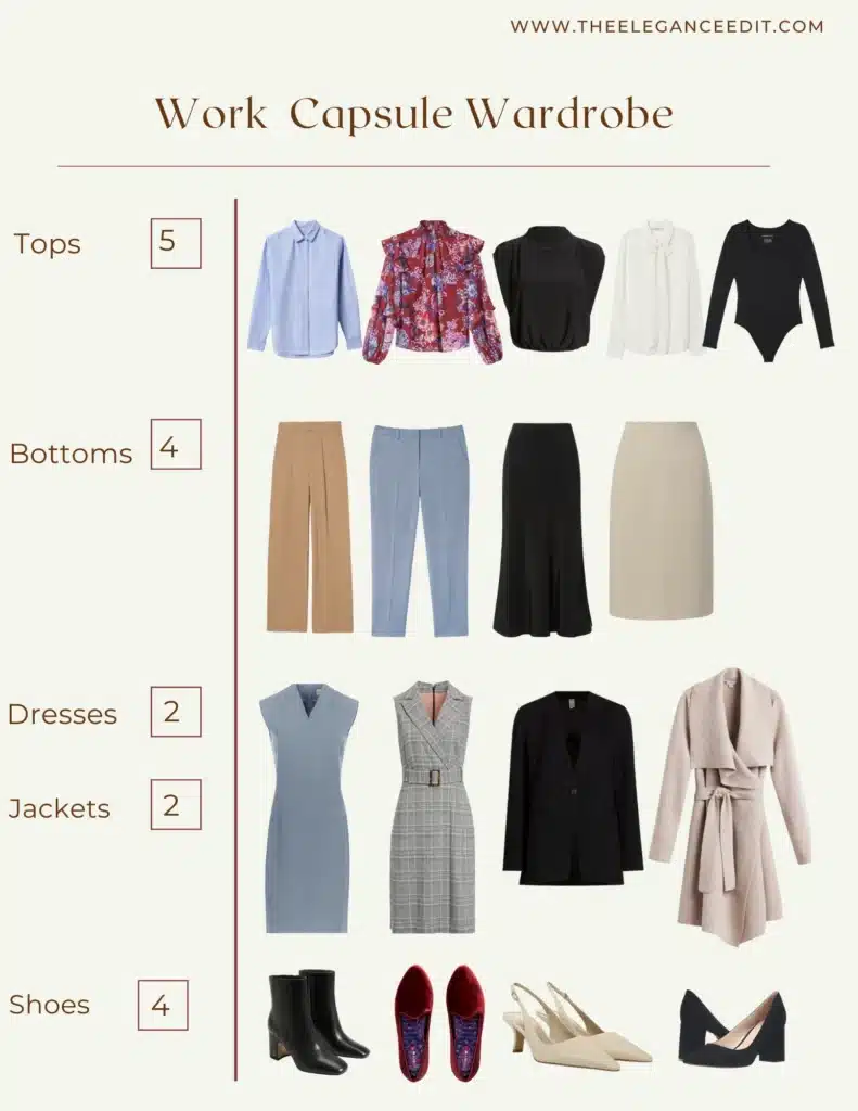 Work Capsule Wardrobe with tops, pants, blazer, and dresses