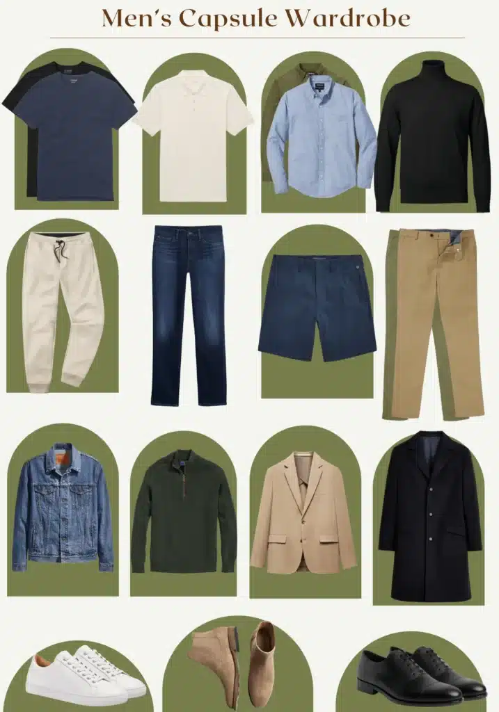 Year Round Men's Capsule Wardrobe showing tops, chinos, shorts, and shoes