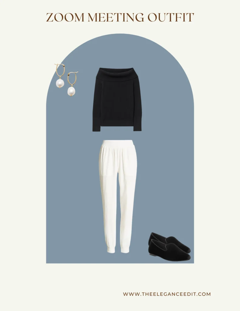 zoom meeting outfit from work from home capsule wardrobe featuring joggers and off shoulder sweater