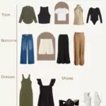 affordable capsule wardrobe graphic with tops, bottoms, and dresses