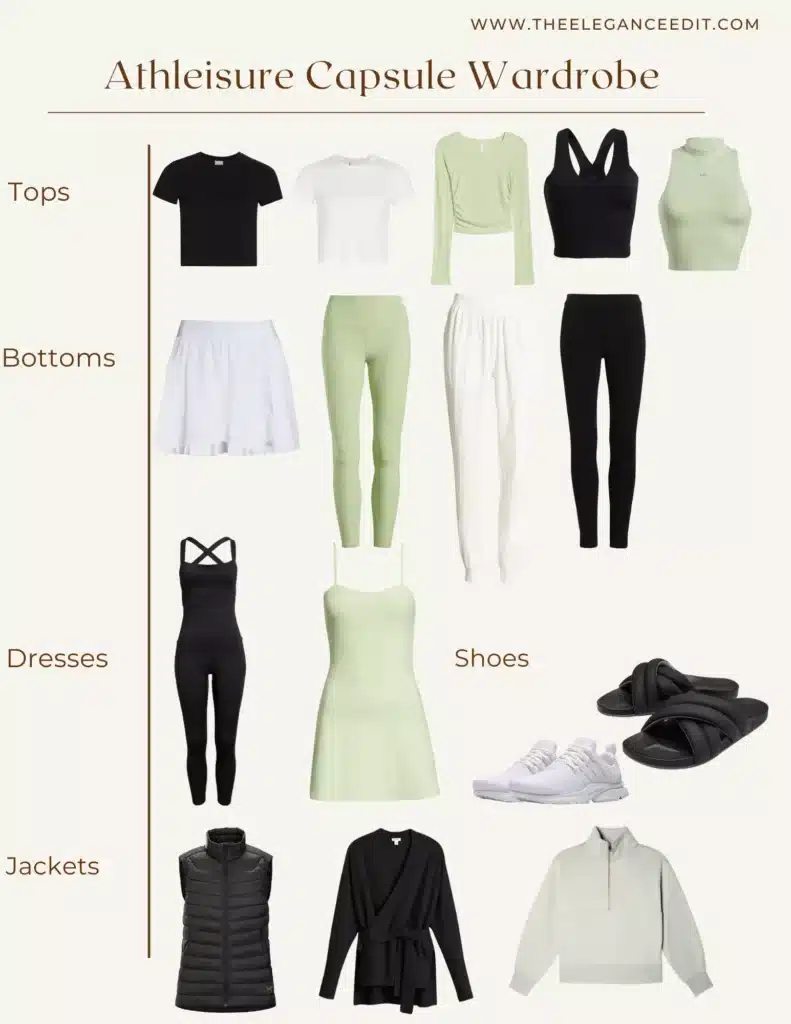 Athleisure capsule wardrobe graphic with tops, bottoms and shoes