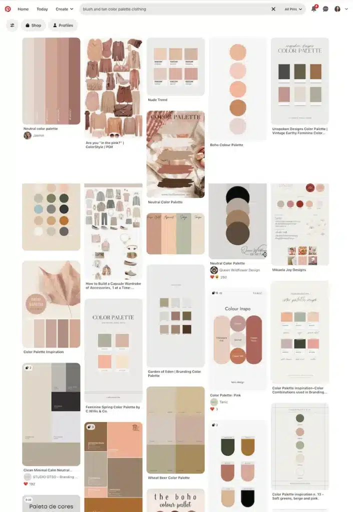 Pinterest board showing blush and tan color palettes